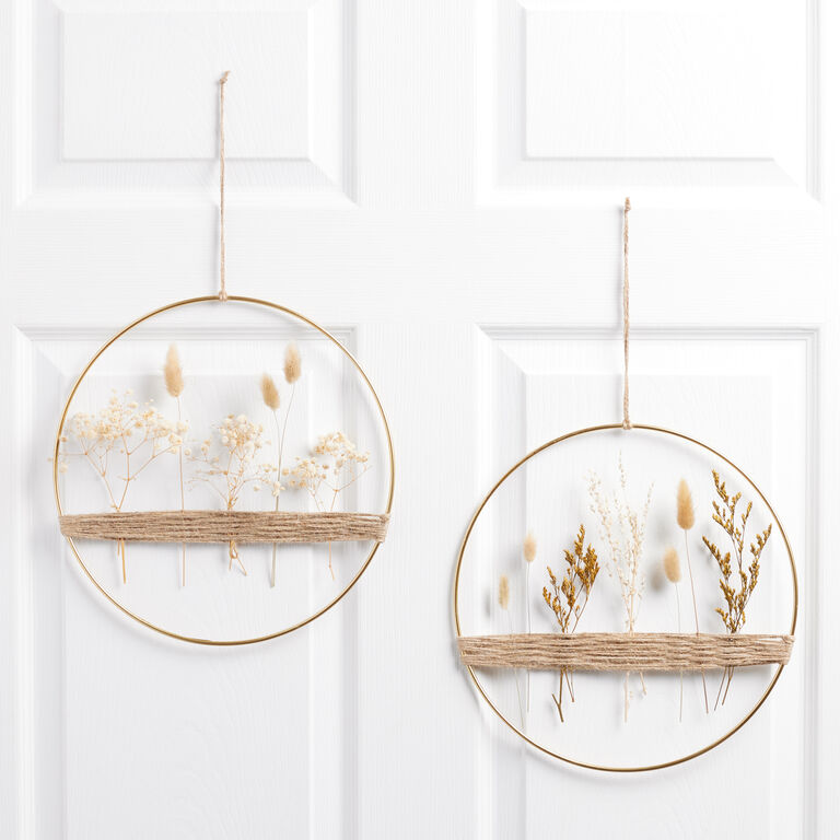Gold Metal And Dried Floral Hanging Decor Set Of 2 image number 1