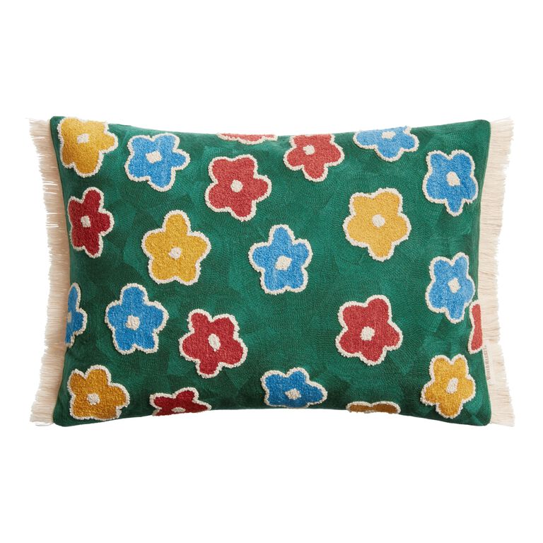 Green Multicolor Floral Embroidered Lumbar Pillow image number 1