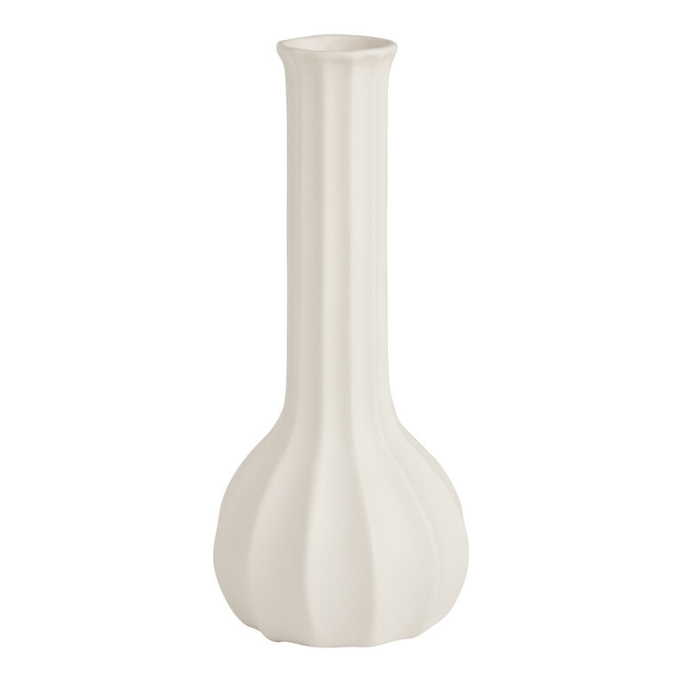White Ceramic Fluted Long Neck Vase image number 1