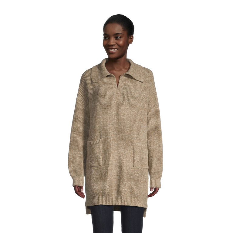 Brown Marled Recycled Yarn Knit Lounge Sweater With Pockets image number 1
