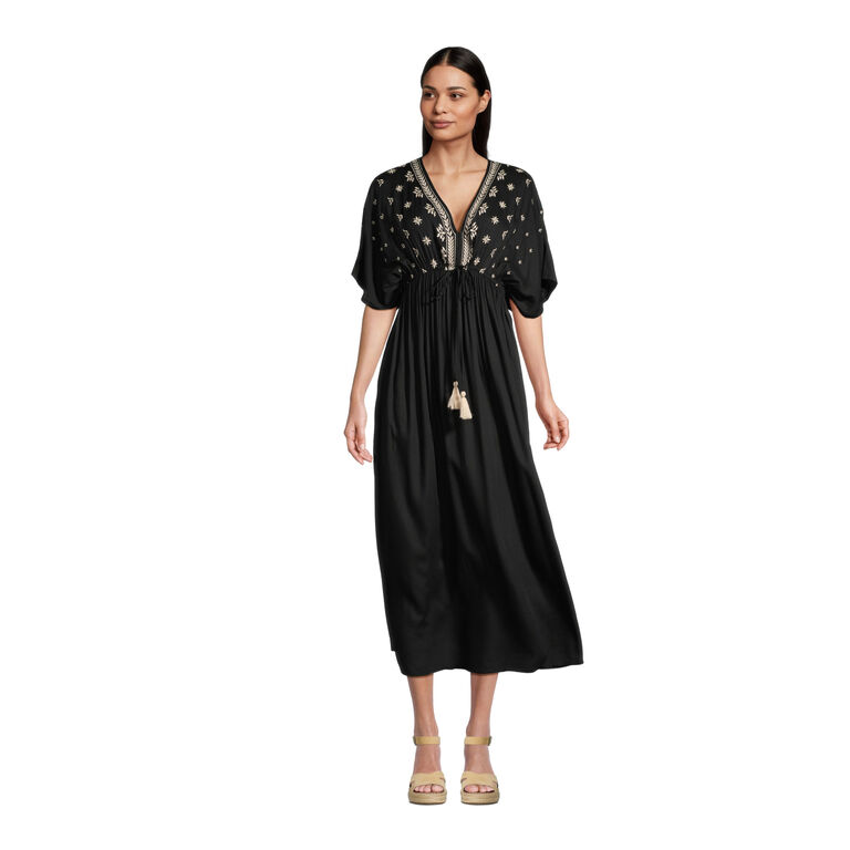Mira Black And Ivory Floral Embroidered Kaftan Dress image number 1