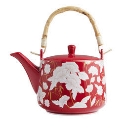 Red and White Ceramic and Bamboo Floral Teapot