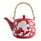 Red and White Ceramic and Bamboo Floral Teapot image number 0