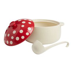 Red Ceramic Mushroom Soup Tureen with Ladle
