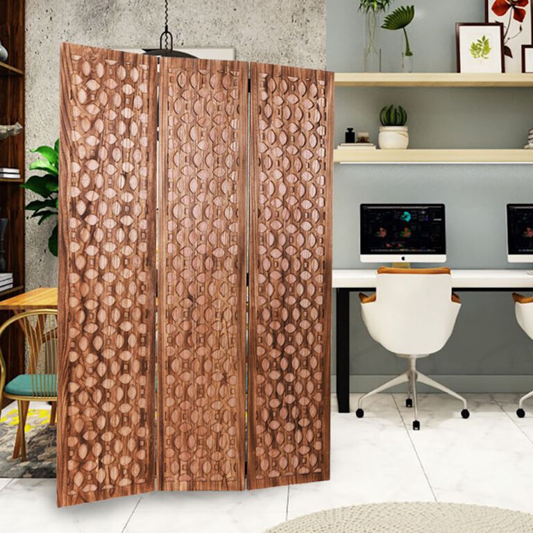 Brown Carved Wood Geo 3 Panel Folding Screen image number 4