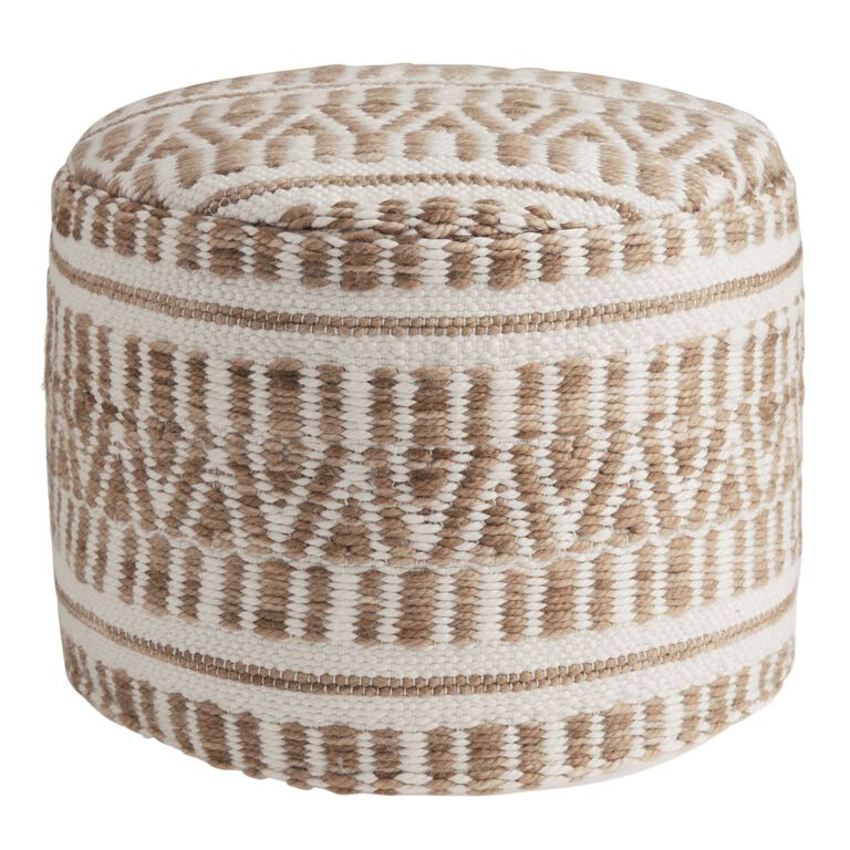 Round Taupe And Ivory Geometric Indoor Outdoor Pouf image number 3