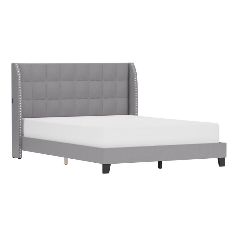 Hanford Gray Wingback Upholstered Platform Bed With USB Port image number 1