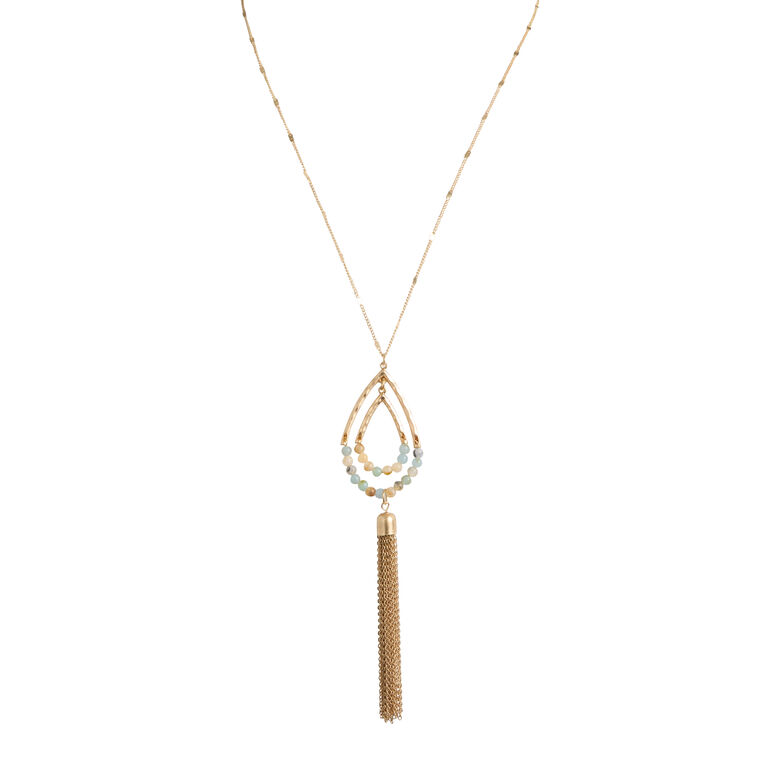Gold Beaded Long Pendant Necklace With Tassel image number 1