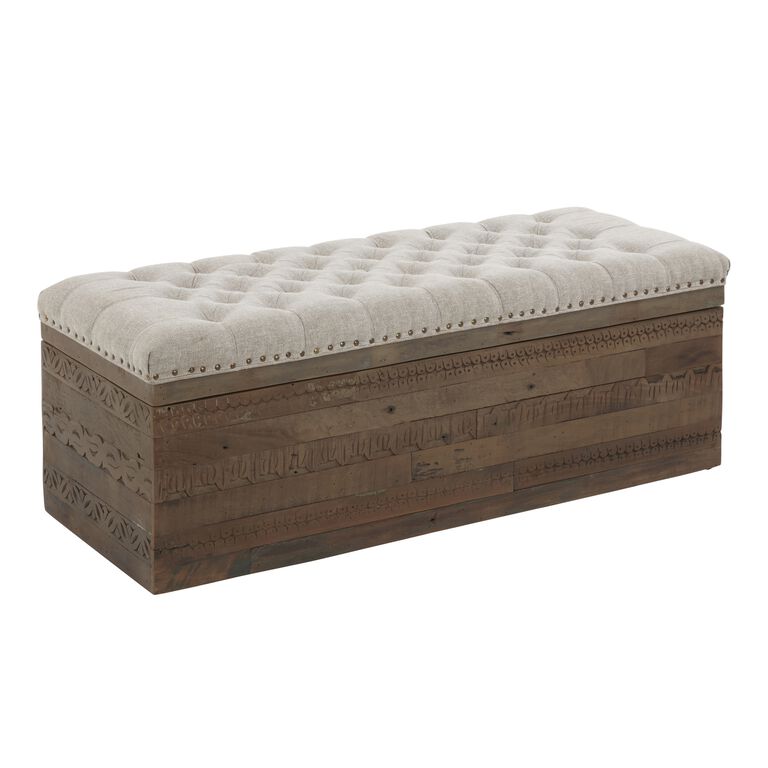 Serena Gray Upholstered Carved Wood Storage Ottoman image number 1