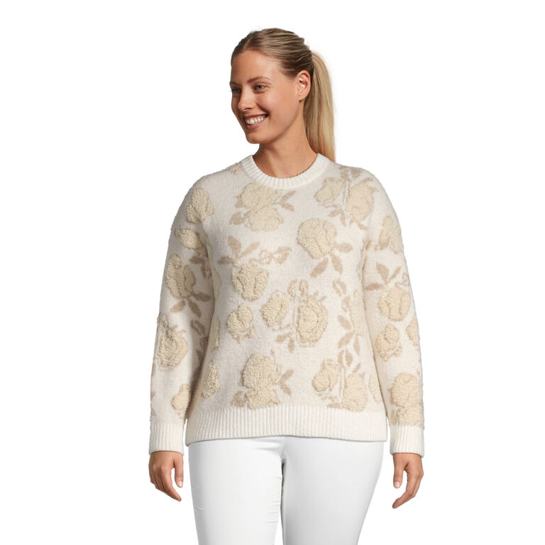 Ivory And Light Brown Floral Intarsia Knit Sweater image number 1