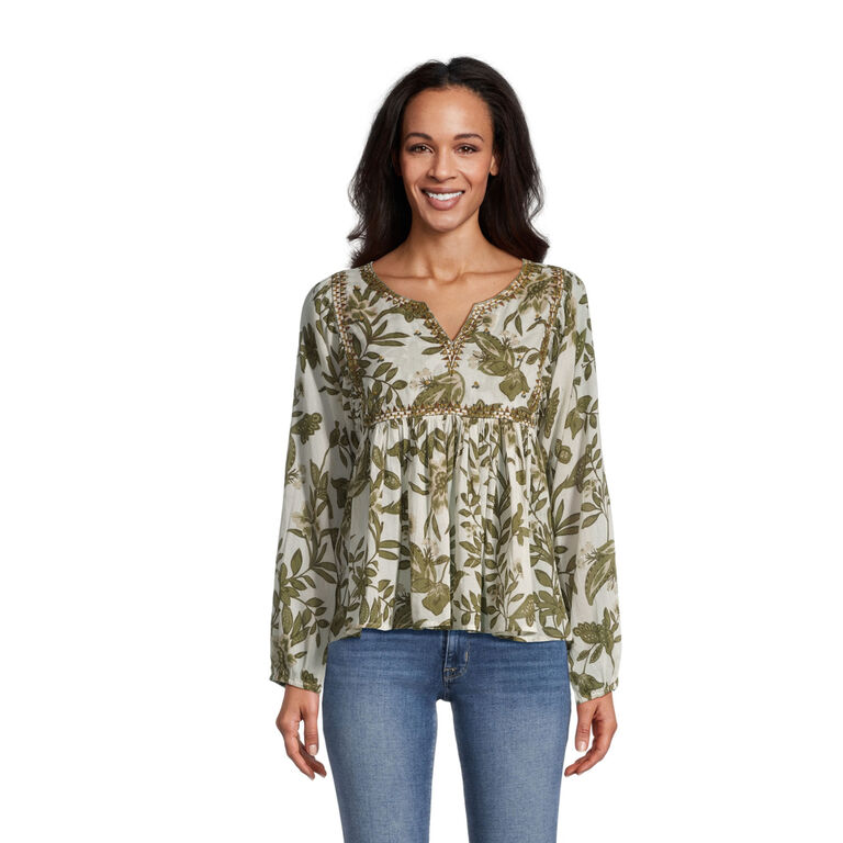Stella Ivory And Green Embroidered Floral Top image number 1
