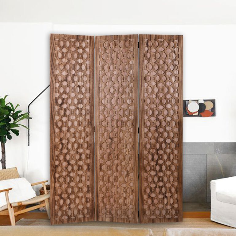 Brown Carved Wood Geo 3 Panel Folding Screen image number 5