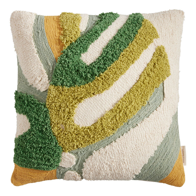 Green Tufted Monstera Leaf Throw Pillow image number 1