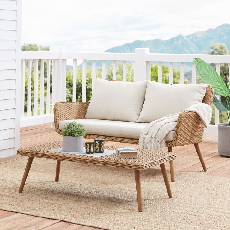 Simona Oatmeal All Weather Outdoor Loveseat & Coffee Table image number 3