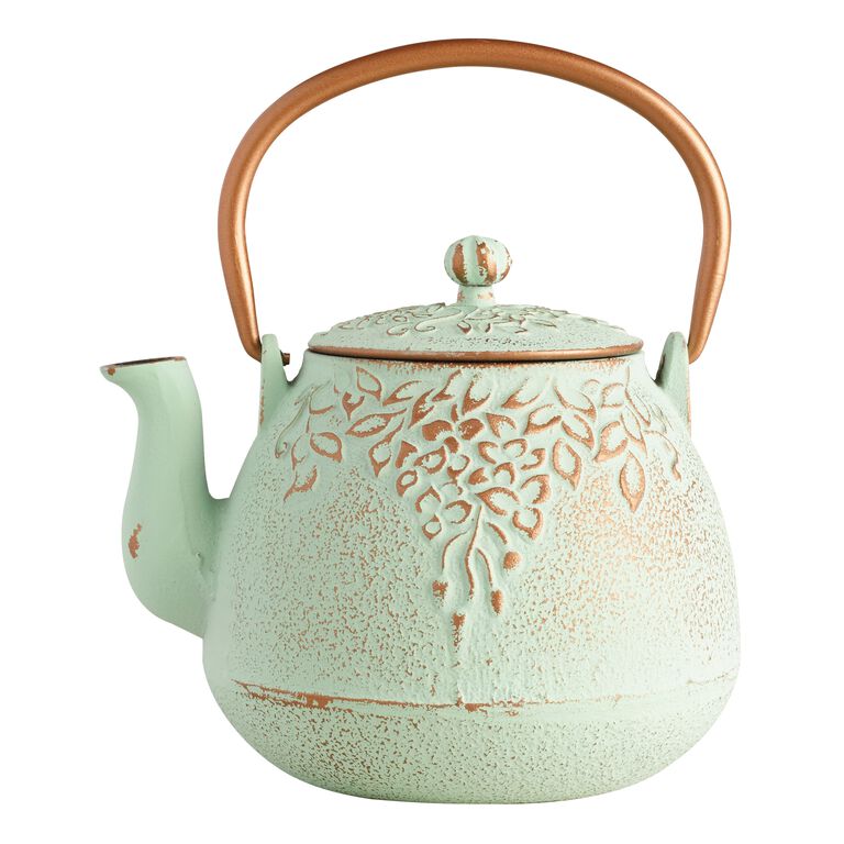Light Green Embossed Cast Iron Teapot image number 1