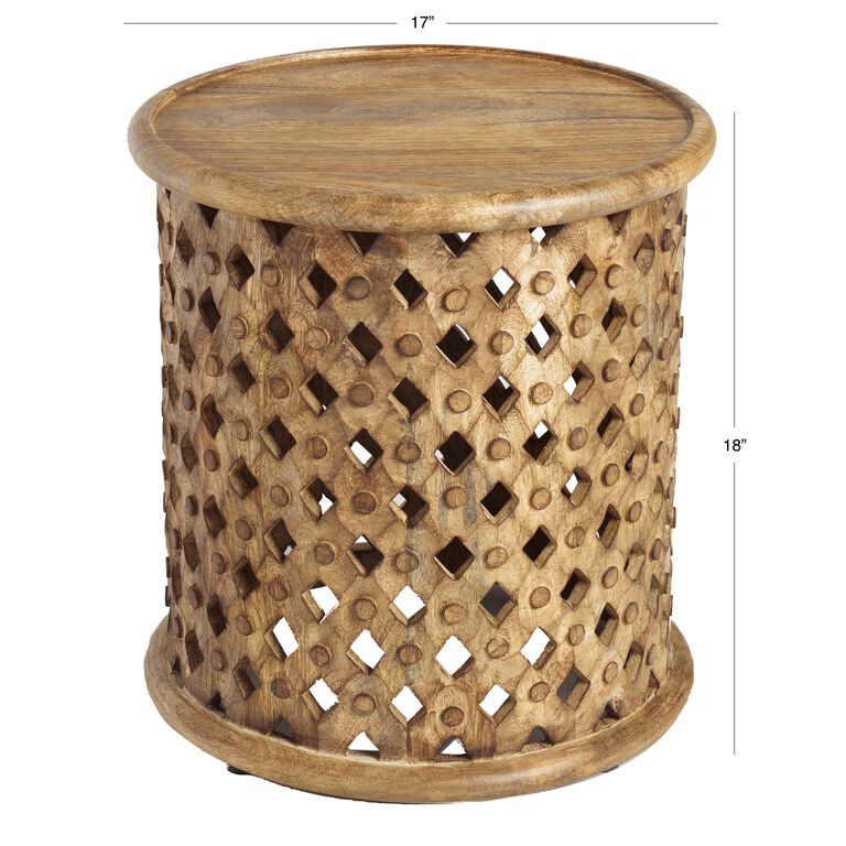 Round Aged Driftwood Carved Wood Lattice Side Table image number 4