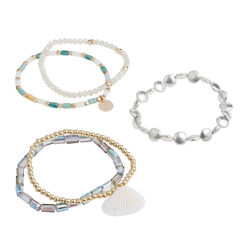 Iridescent Blue Shell Charm Beaded Stretch Bracelets 4 Pack
