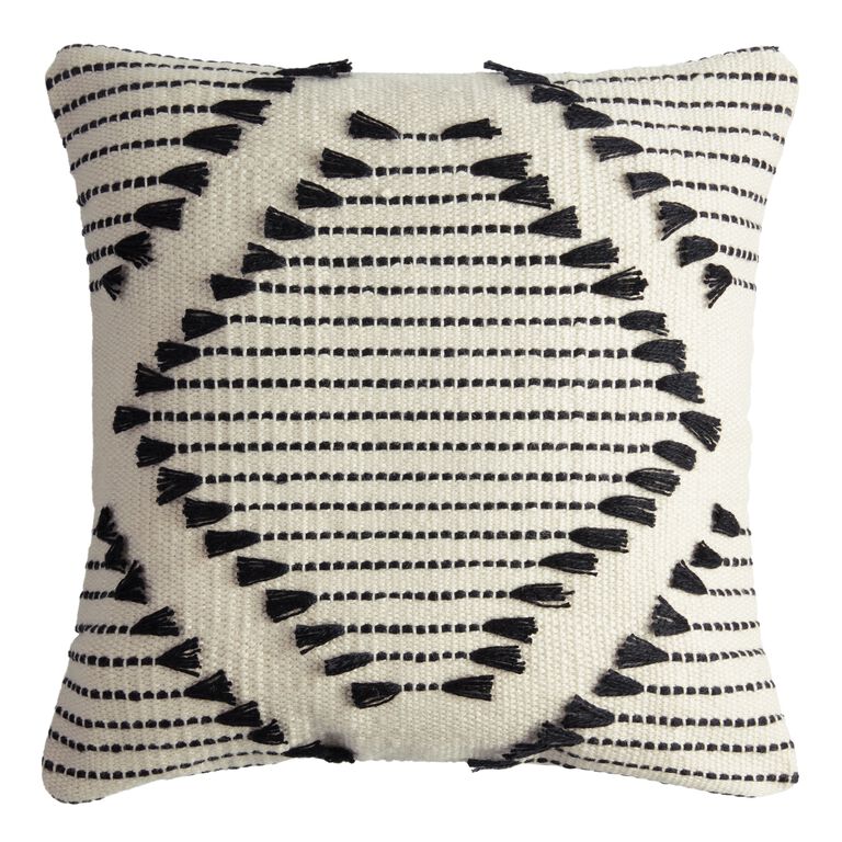 Black And Ivory Diamond Fringe Indoor Outdoor Throw Pillow image number 1