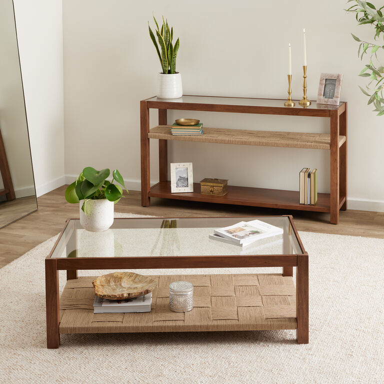 Lincoln Wood and Jute Glass Top Coffee Table with Shelf image number 2