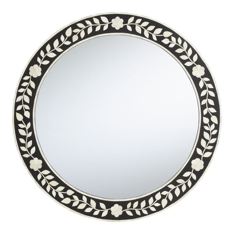 Round Black And White Floral Bone Inlay Wall Mirror image number 1