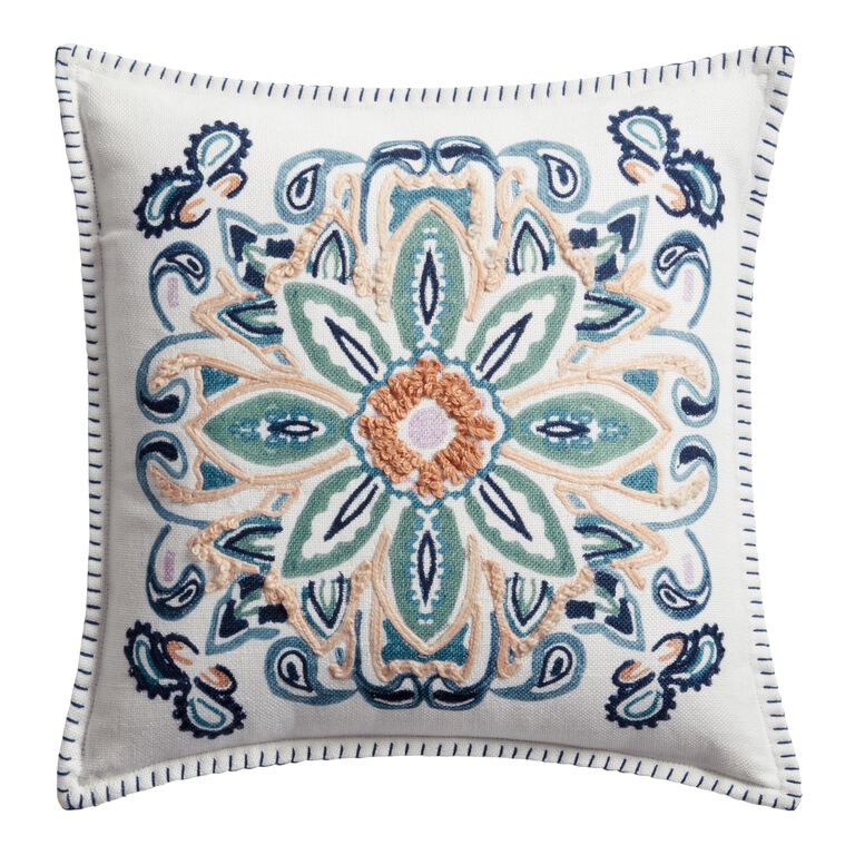 Amalfi Medallion Ivory and Blue Indoor Outdoor Throw Pillow image number 1