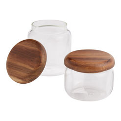 Rounded Clear Glass and Acacia Wood Storage Canister
