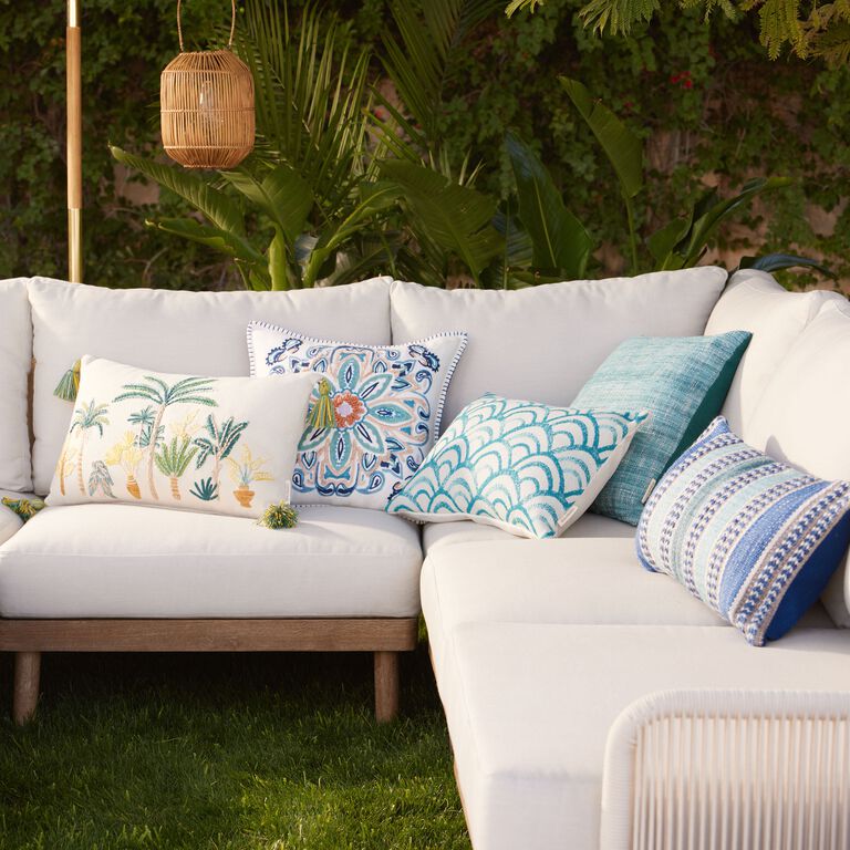 Amalfi Medallion Ivory and Blue Indoor Outdoor Throw Pillow image number 2