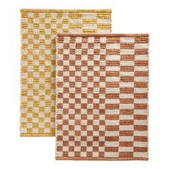 Two Tone Checkered Handwoven Wool and Cotton Area Rug