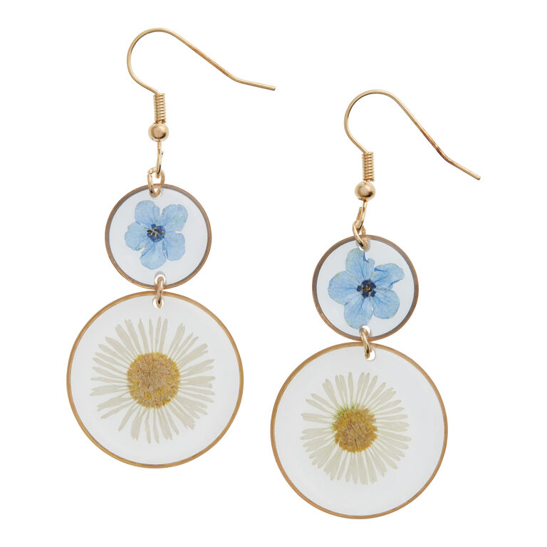 White And Gold Dried Flower Two Tier Drop Earrings image number 1