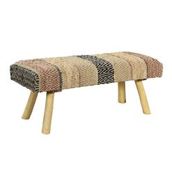 Multicolor Wool and Natural Wood Upholstered Bench