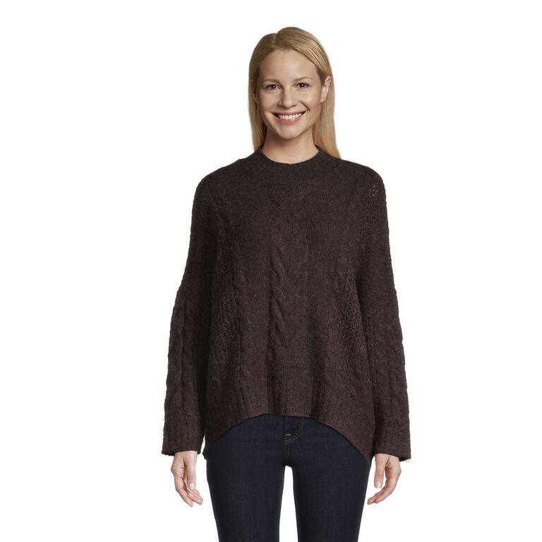 Carlye Oversized Brown Cable Knit Funnel Neck Sweater image number 1
