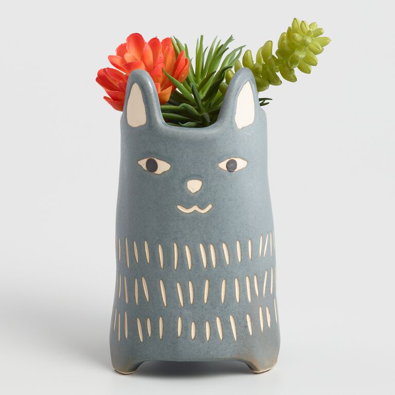Gray Hand Painted Ceramic Cat Planter image number 2