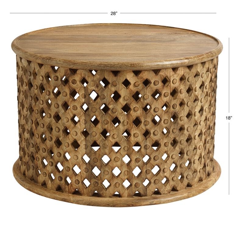 Round Aged Driftwood Carved Wood Lattice Coffee Table image number 4