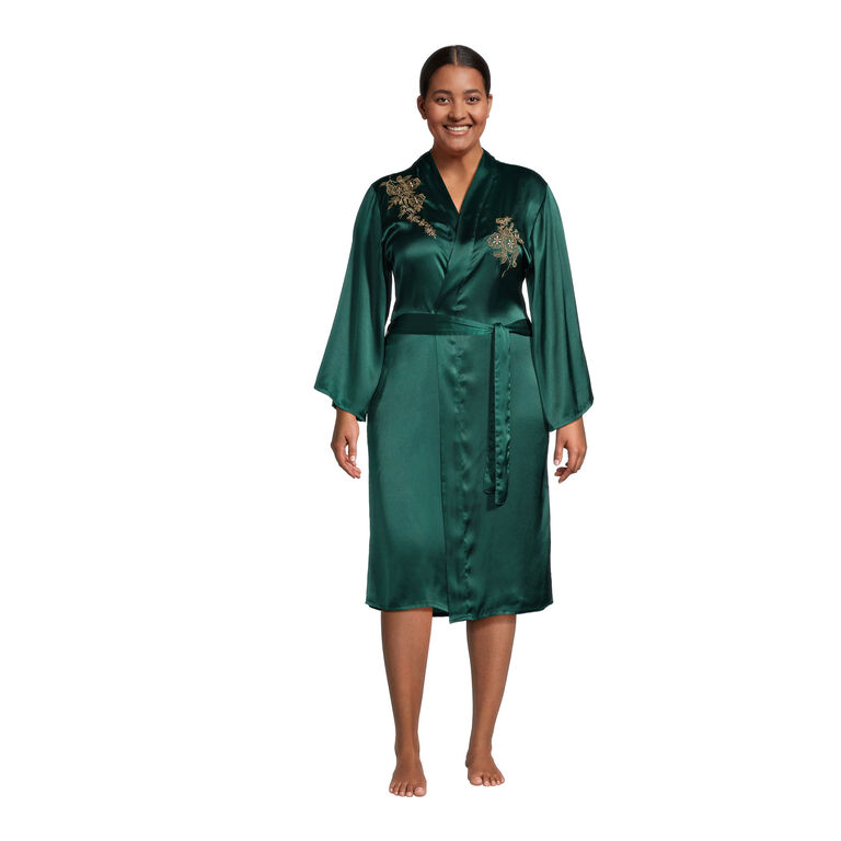 Emerald And Gold Satin Floral Embroidered Robe image number 1