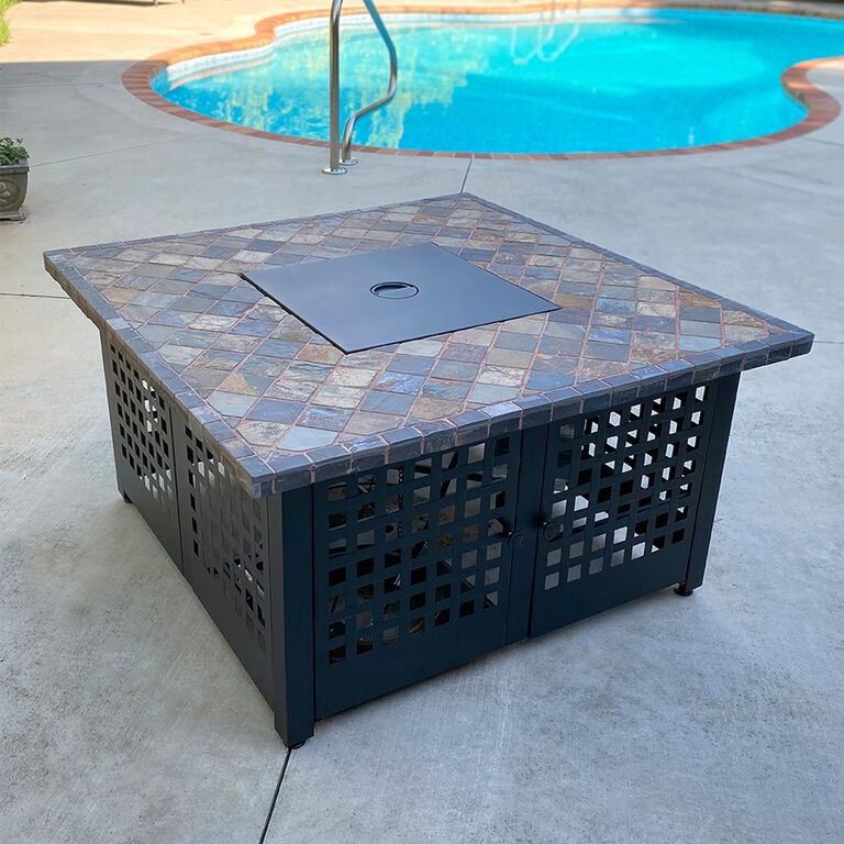 Talca Square Slate Tile and Black Steel Gas Fire Pit Table image number 3