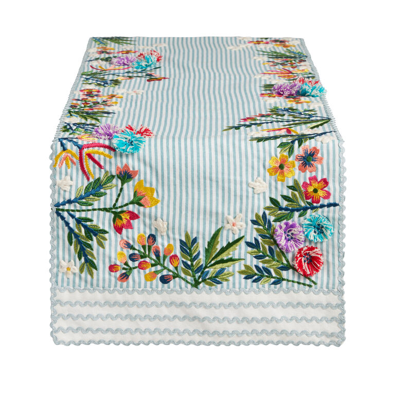 Multicolor Embroidered Floral Stripe Table Runner image number 1