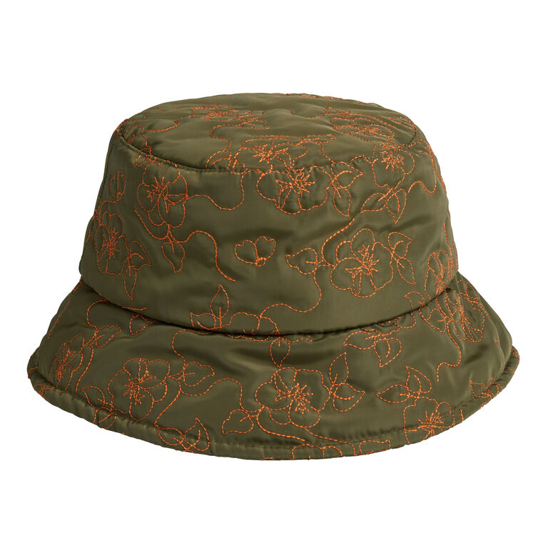 Olive Green and Orange Floral Embroidered Bucket Hat image number 1