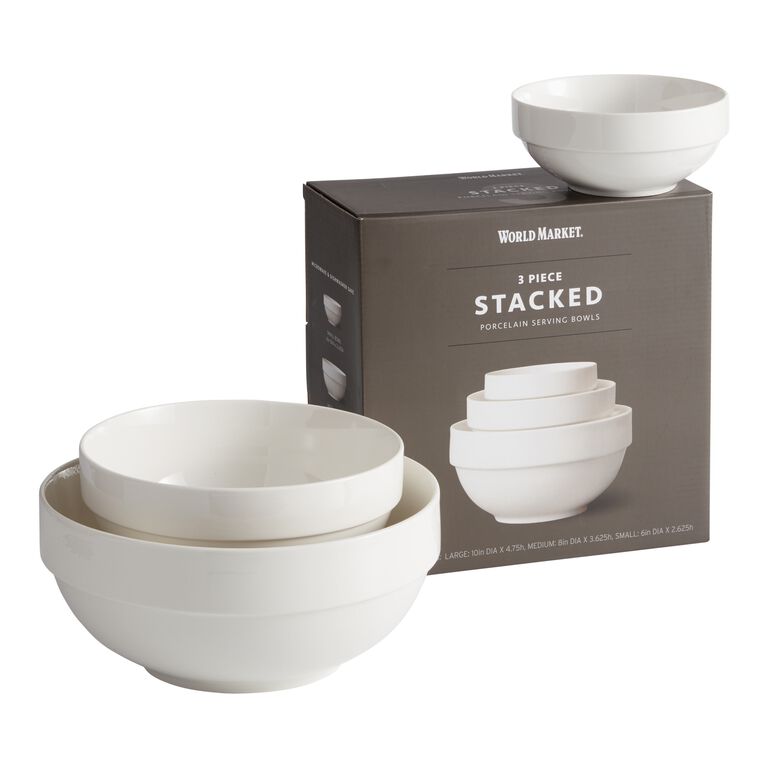 Stacked Natural White Porcelain 3 Piece Serving Bowl Set image number 1