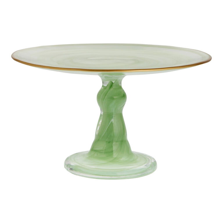 Small Green Glass Cake Stand With Gold Rim image number 1