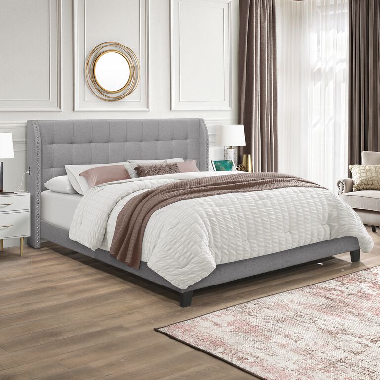 Hanford Gray Wingback Upholstered Platform Bed With USB Port image number 7