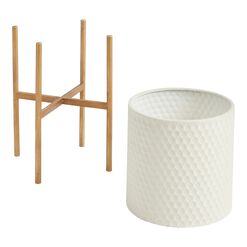 White Textured Honeycomb Planter With Gold Stand