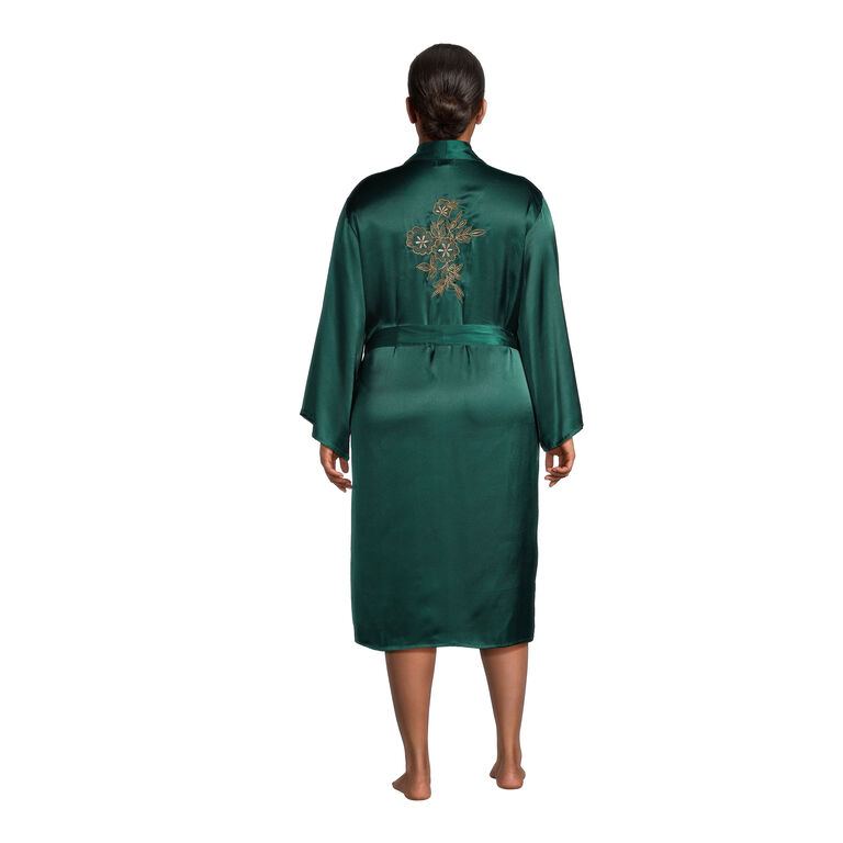Emerald And Gold Satin Floral Embroidered Robe image number 2