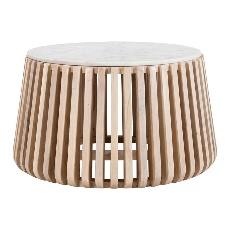 Winslow Round White Marble Top and Slatted Wood Coffee Table image number 1