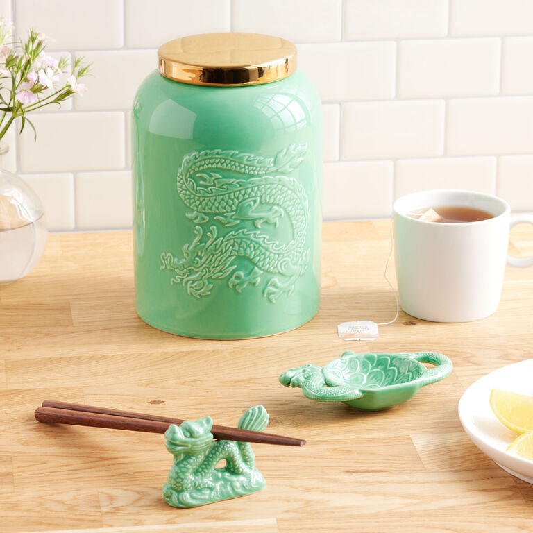 Jade Green and Gold Ceramic Dragon Embossed Tea Canister image number 2