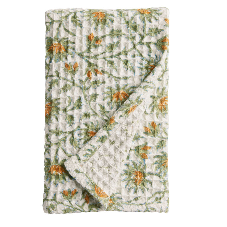 Yellow Flower Block Print Waffle Weave Hand Towel image number 1