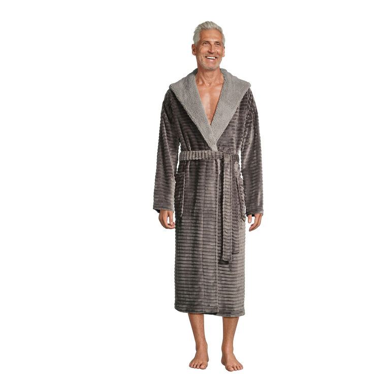 Gray Ribbed Fleece Men's Robe With Hood image number 1