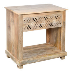 Burdett Natural Carved Wood End Table with Drawer