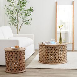 Aged Driftwood Carved Wood Lattice Table Collection