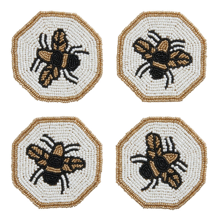 White And Gold Beaded Bee Coasters 4 Pack image number 1