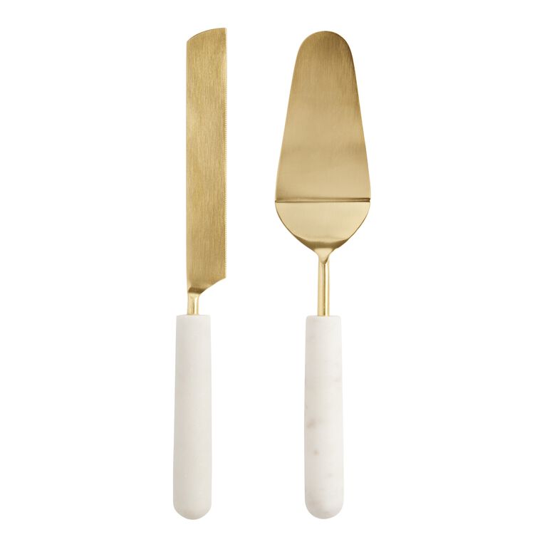 Gold Metal And White Marble Cake Servers 2 Piece Set image number 1